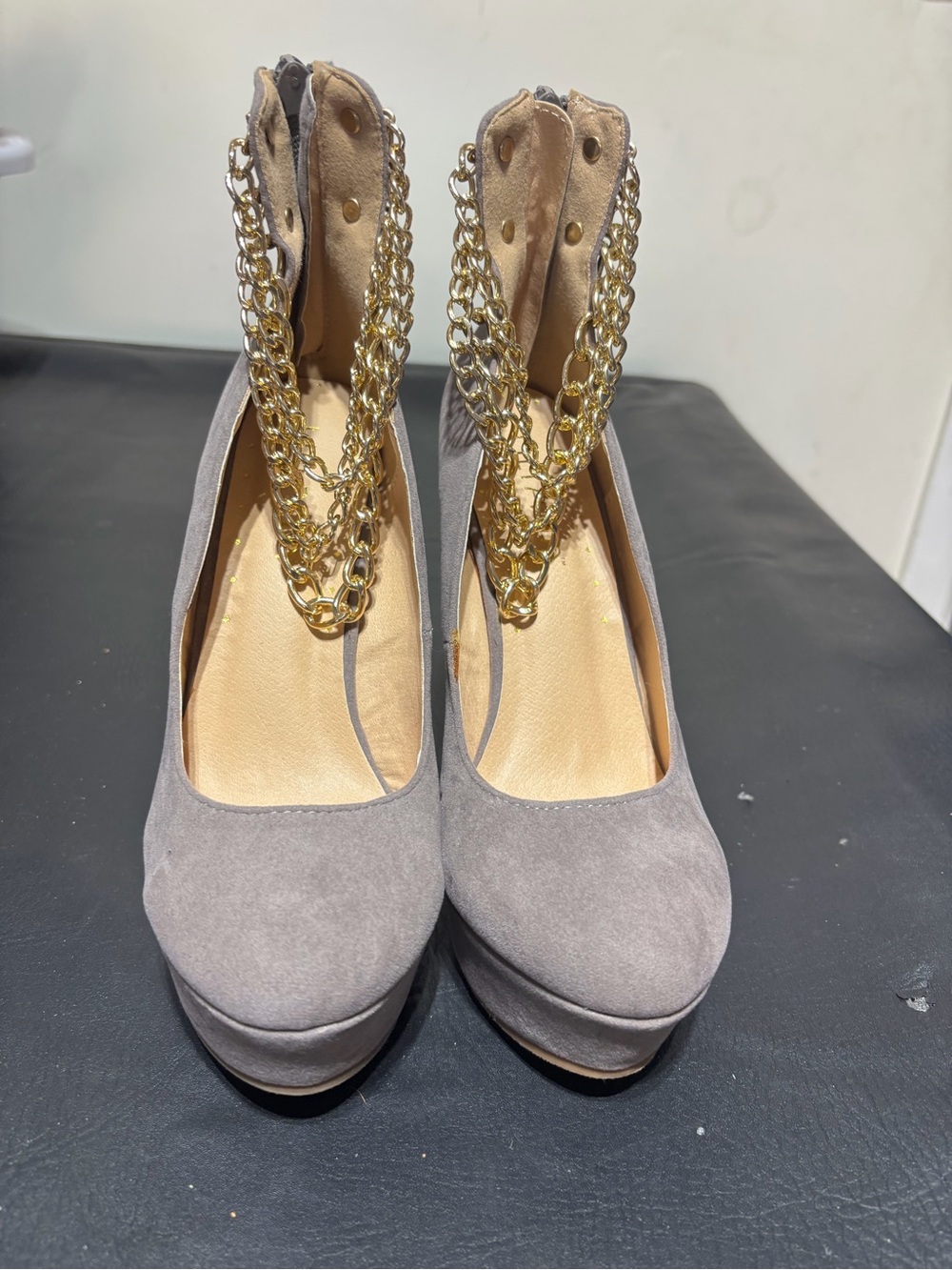 Aviana Gray Suede Platform Pumps with Gold Chain Ankle Straps